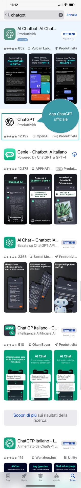 Interfaccia Chat GPT mobile applestore