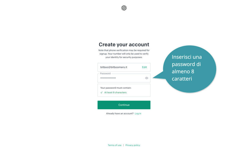 Creazione di un account ChatGPT con email e password